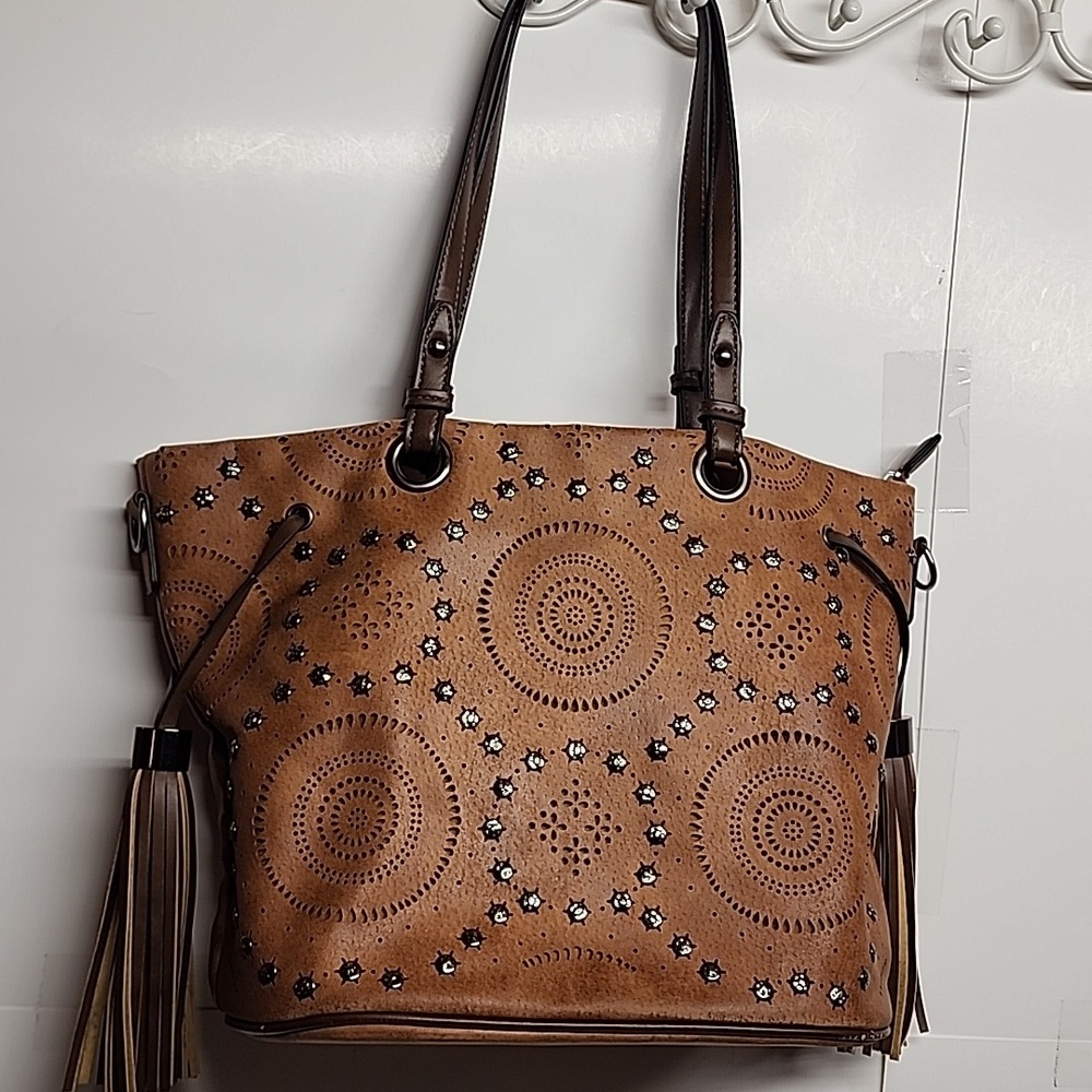 Sam & Hadley Large Studded Cognac & Brown 100% PVC Handbag with Tassel Accents - Picture 2 of 13